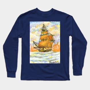 ship sailing in the sense colorful warm colors seascape acrylic painting Long Sleeve T-Shirt